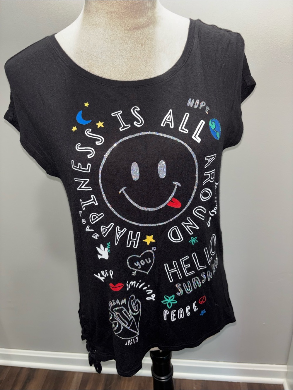 Justice Black Graphic Smiley W/Glitter